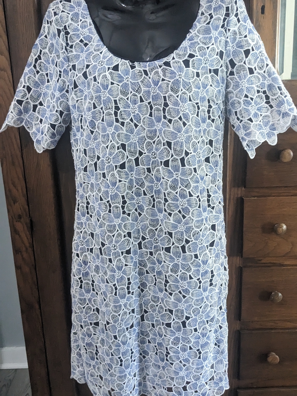 Badgley Mischka Blue and White Floral Lace Mini Dress 10